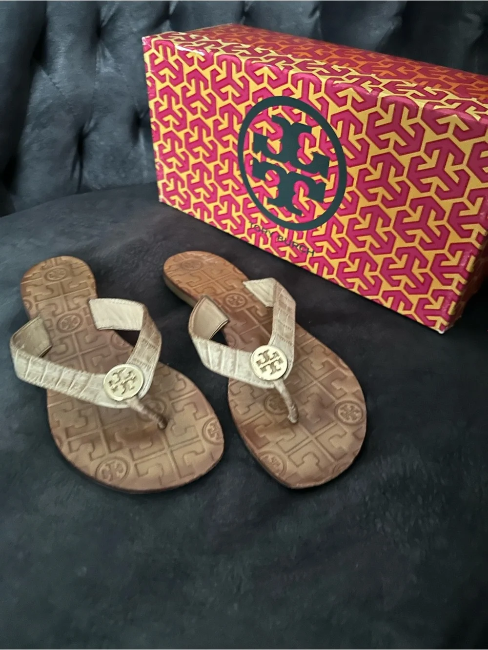 Tory Burch Thora Beige and Gold Thong Sandal